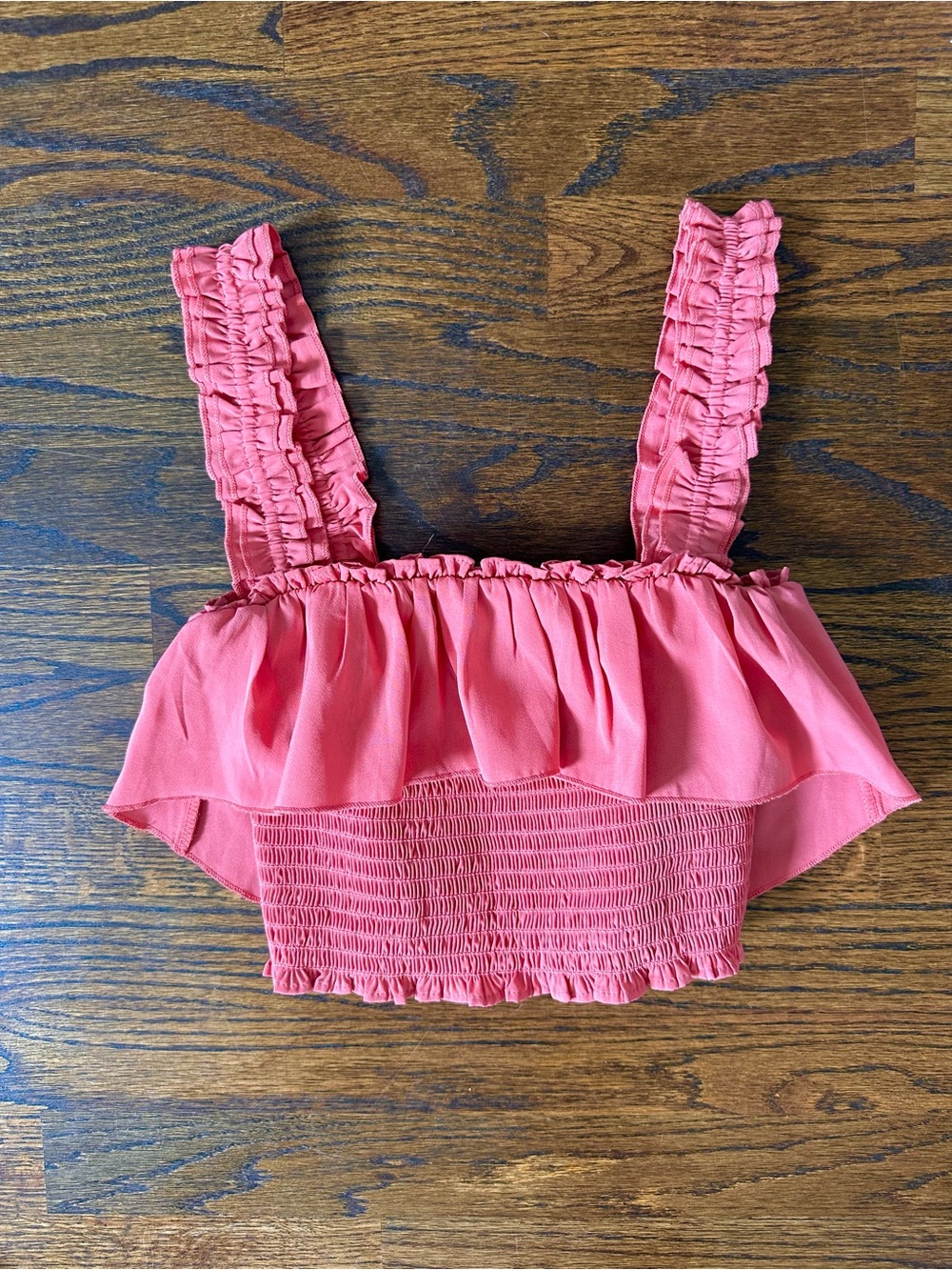 Forever 21 Coral Pink Ruffled Smocked Crop Top, Small